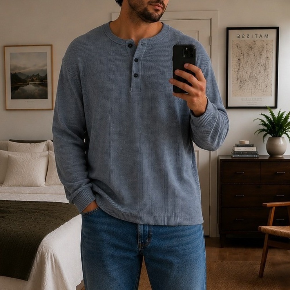 Mens‎ Waffle Knit Thermal Henley Shirt XL Gray Long Sleeve Casual Classic Layere